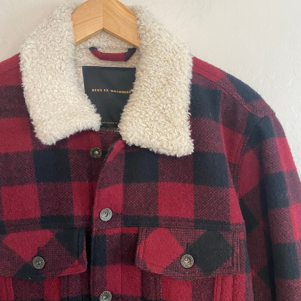 Deus Ex Machina Flannel Sherpa Jacket Coat Mens Size XL Wool Mikey Plaid Trucker - Picture 4 of 8